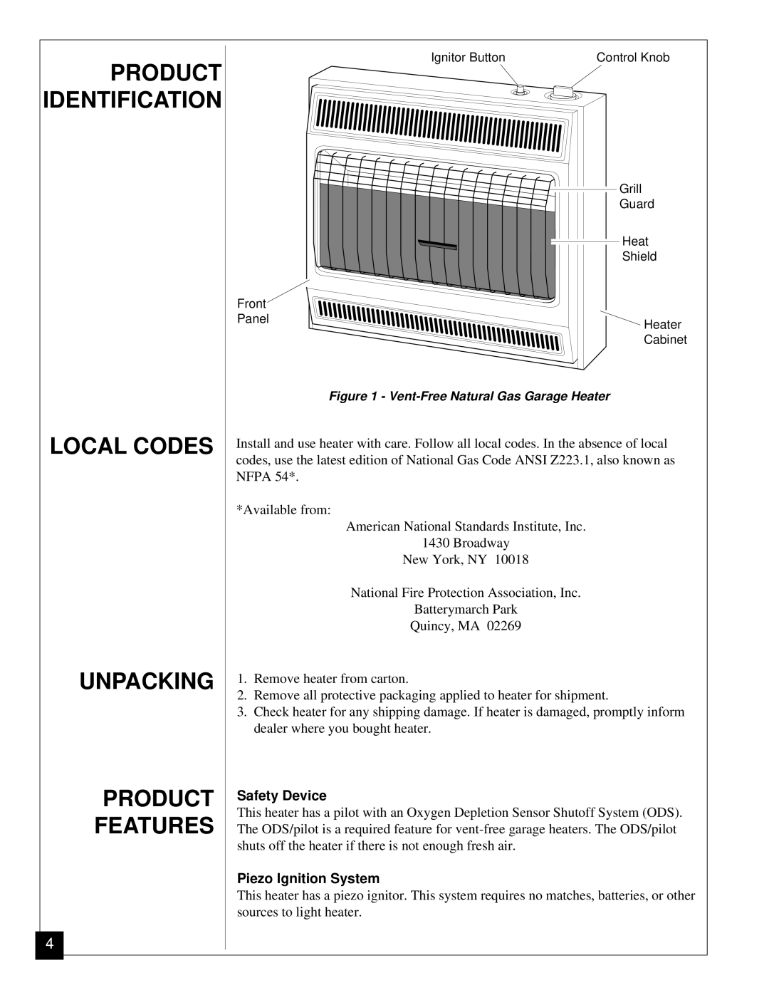 Vanguard Heating VGN30 installation manual Local Codes Unpacking Product Features, Safety Device, Piezo Ignition System 