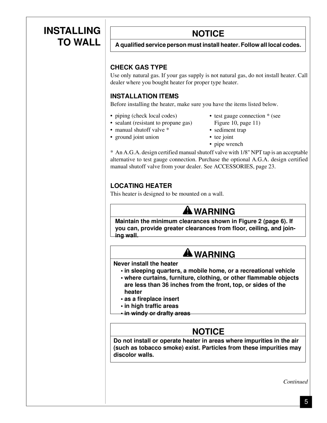 Vanguard Heating VGN30 installation manual Check GAS Type, Installation Items, Locating Heater 