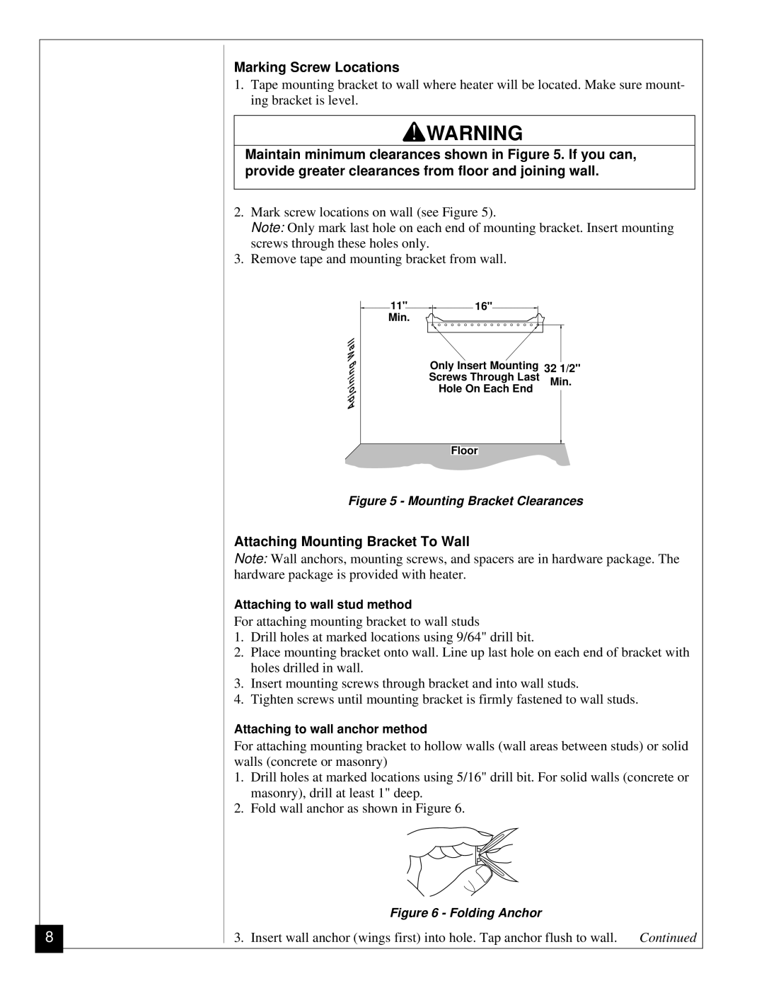 Vanguard Heating VGN30 installation manual Marking Screw Locations, Attaching Mounting Bracket To Wall 