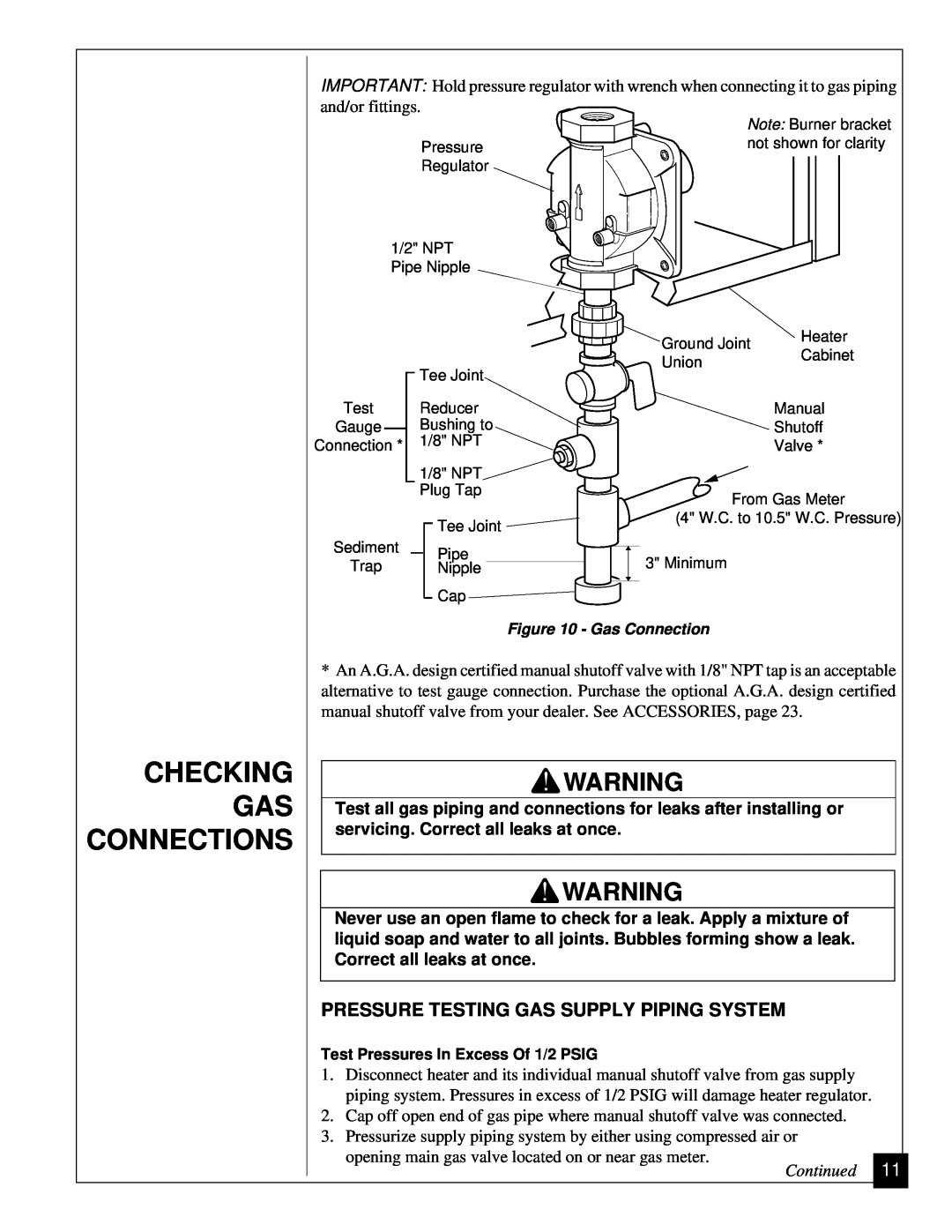 Vanguard Heating VGN30 installation manual Checking Gas Connections, Pressure Testing Gas Supply Piping System 