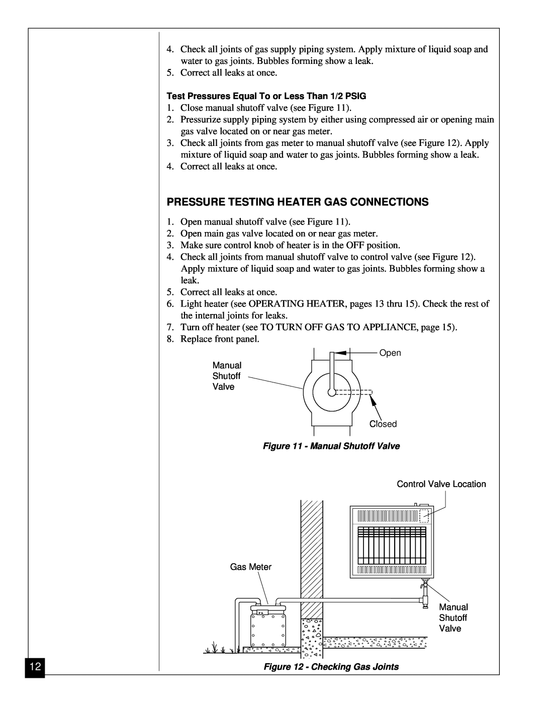 Vanguard Heating VGN30 installation manual Pressure Testing Heater Gas Connections 