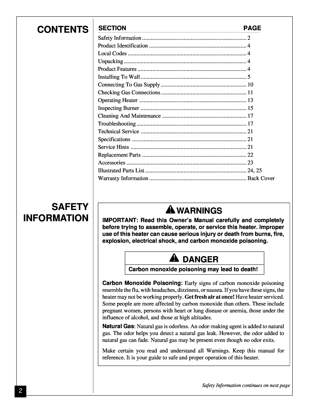 Vanguard Heating VGN30 installation manual Contents Safety Information, Warnings, Danger 
