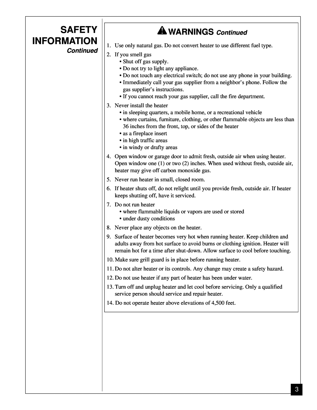 Vanguard Heating VGN30 installation manual Safety Information, WARNINGS Continued 