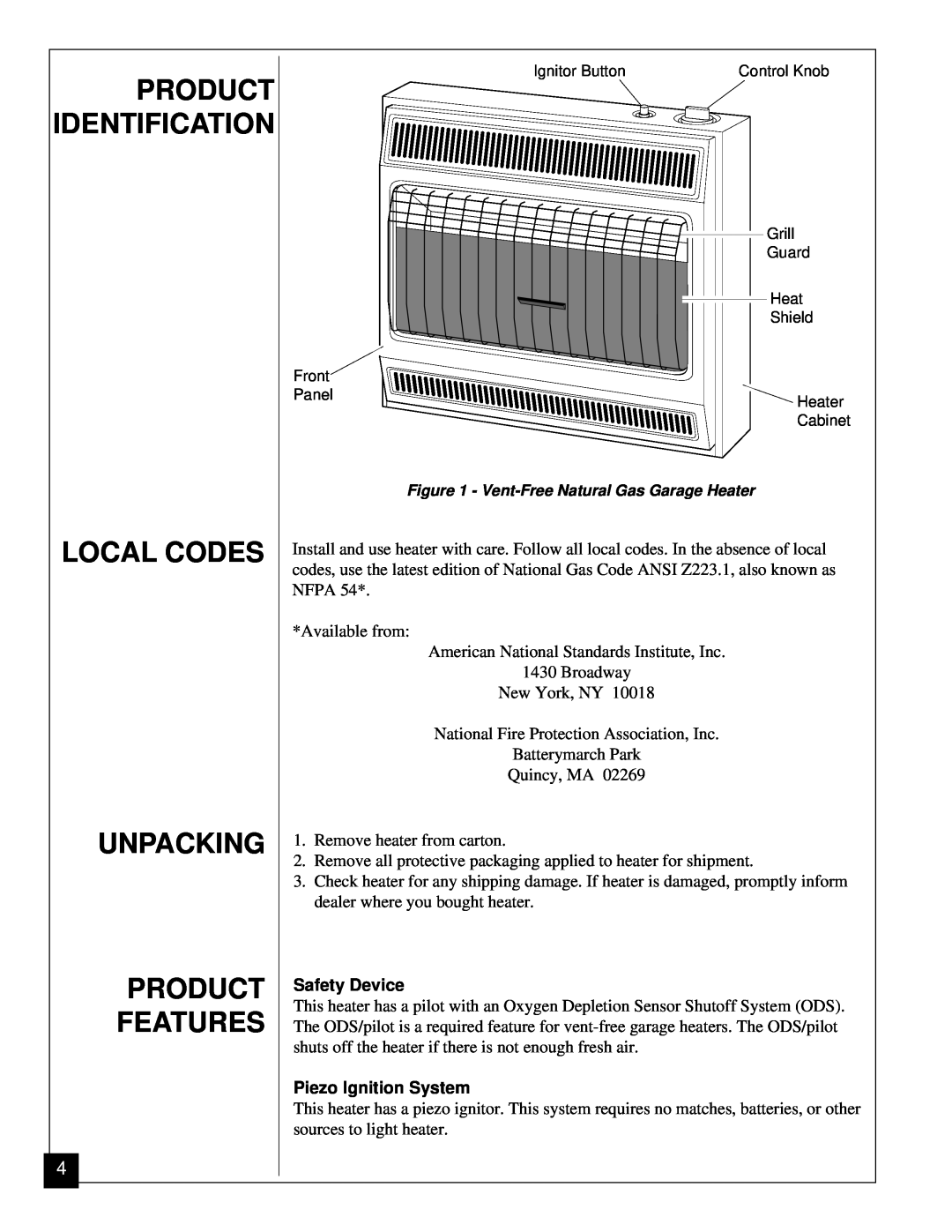 Vanguard Heating VGN30 installation manual Local Codes Unpacking Product Features, Product Identification 