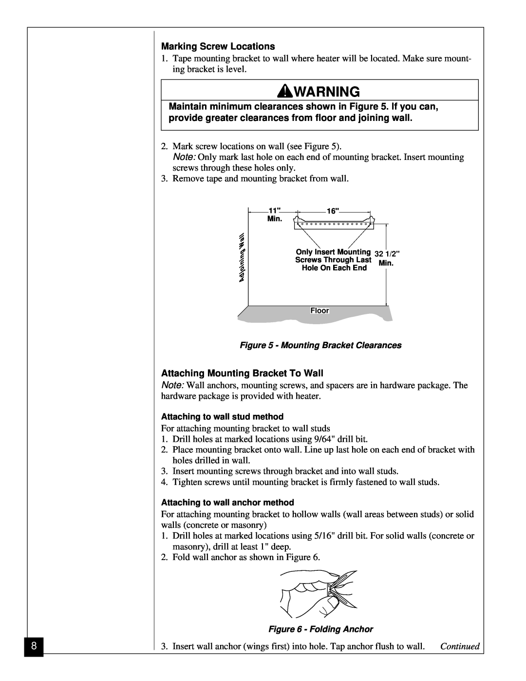 Vanguard Heating VGN30 installation manual Marking Screw Locations, Attaching Mounting Bracket To Wall 