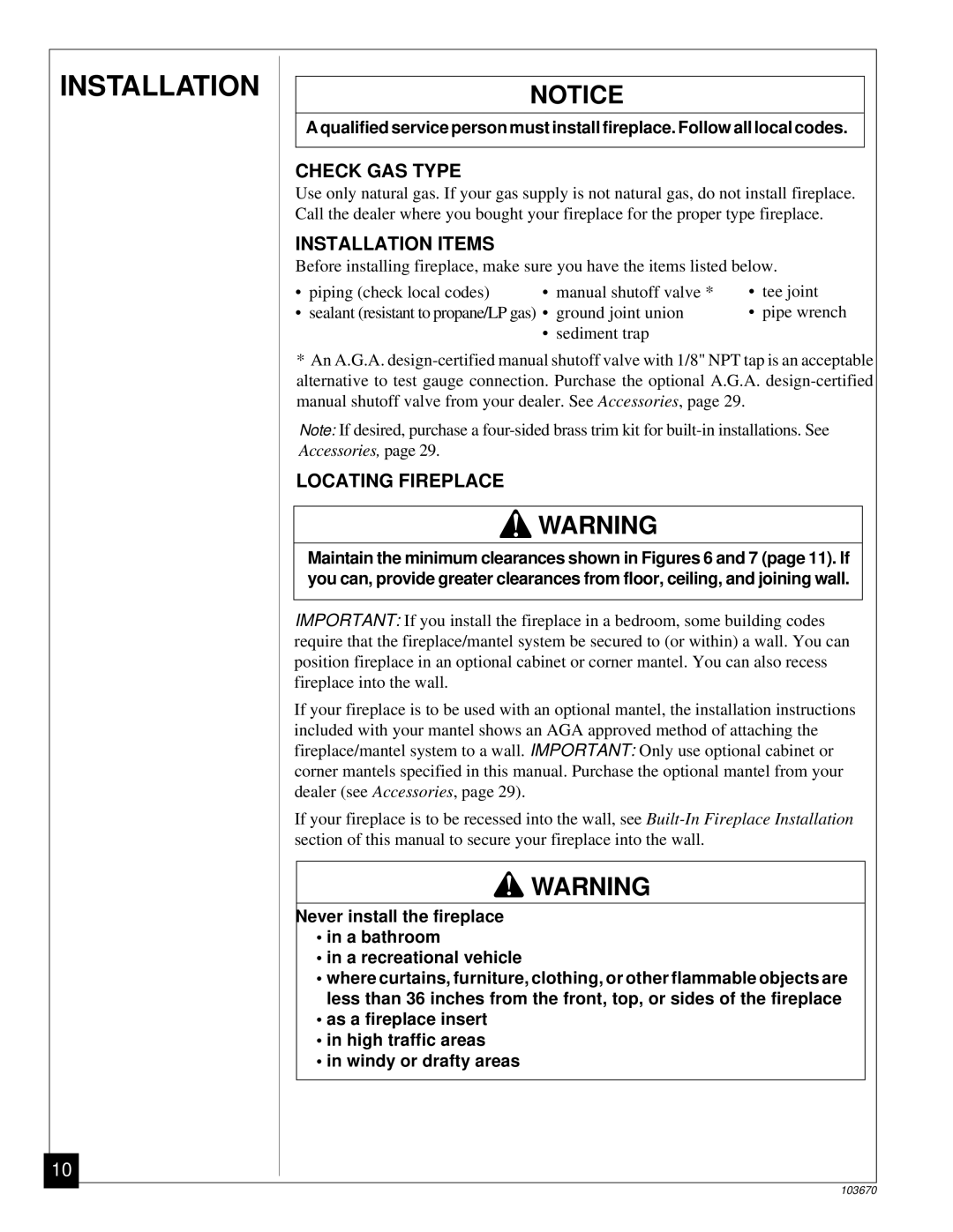 Vanguard Heating VMH10TN installation manual Check GAS Type, Installation Items, Locating Fireplace 