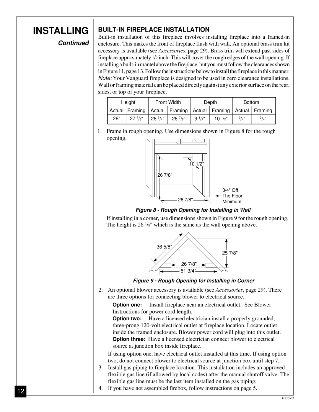 Vanguard Heating VMH10TN installation manual Installing, BUILT-IN Fireplace Installation 