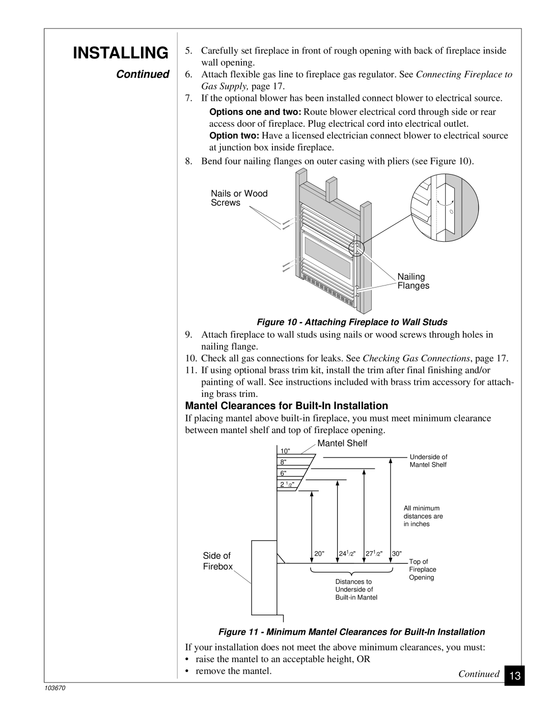 Vanguard Heating VMH10TN installation manual Gas Supply, Mantel Clearances for Built-In Installation 