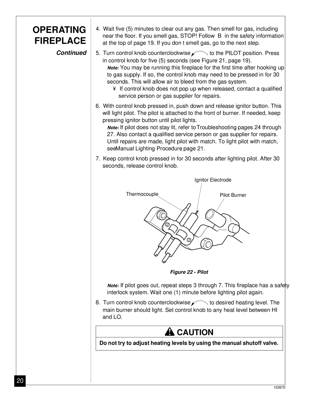 Vanguard Heating VMH10TN installation manual Operating Fireplace, Pilot 