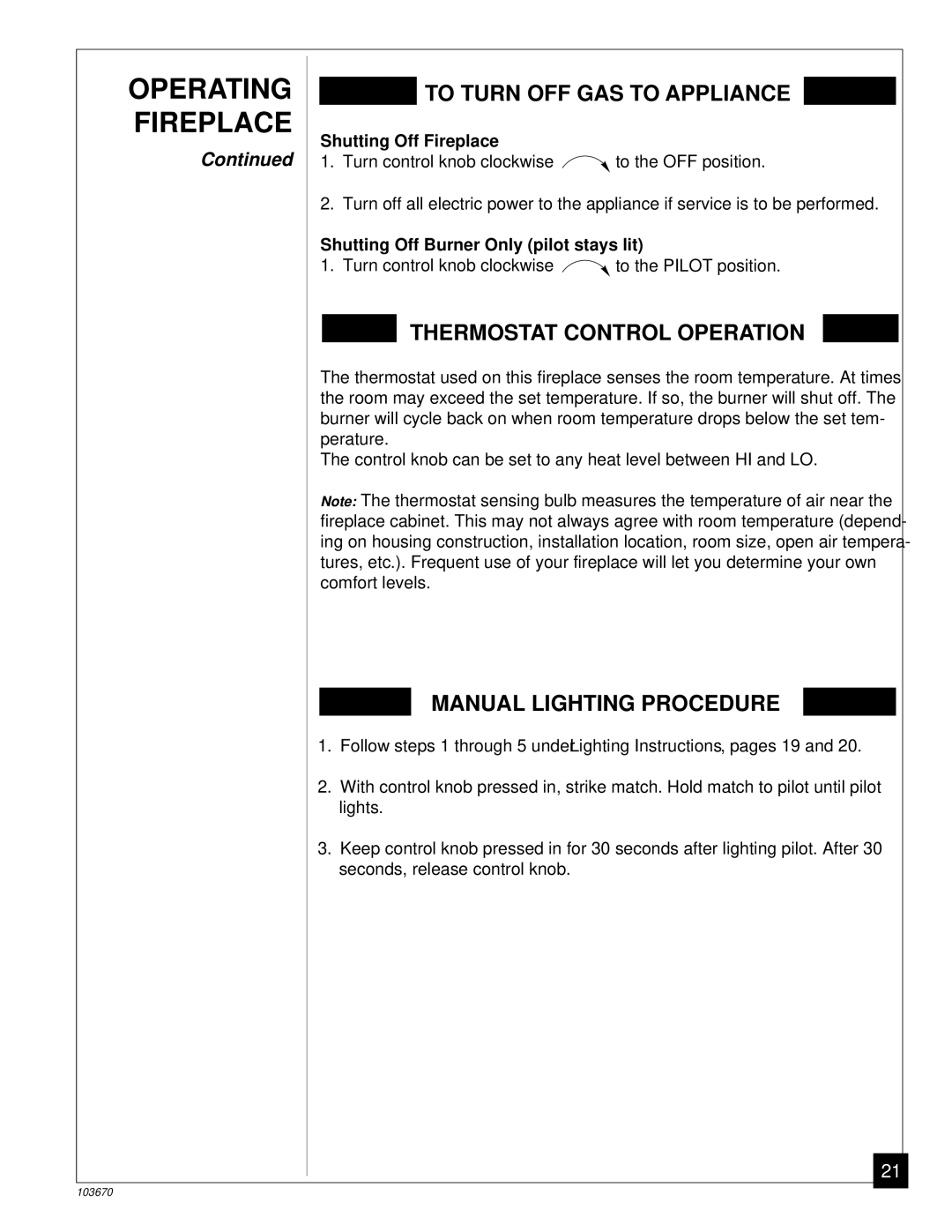 Vanguard Heating VMH10TN installation manual Shutting Off Fireplace, Shutting Off Burner Only pilot stays lit 