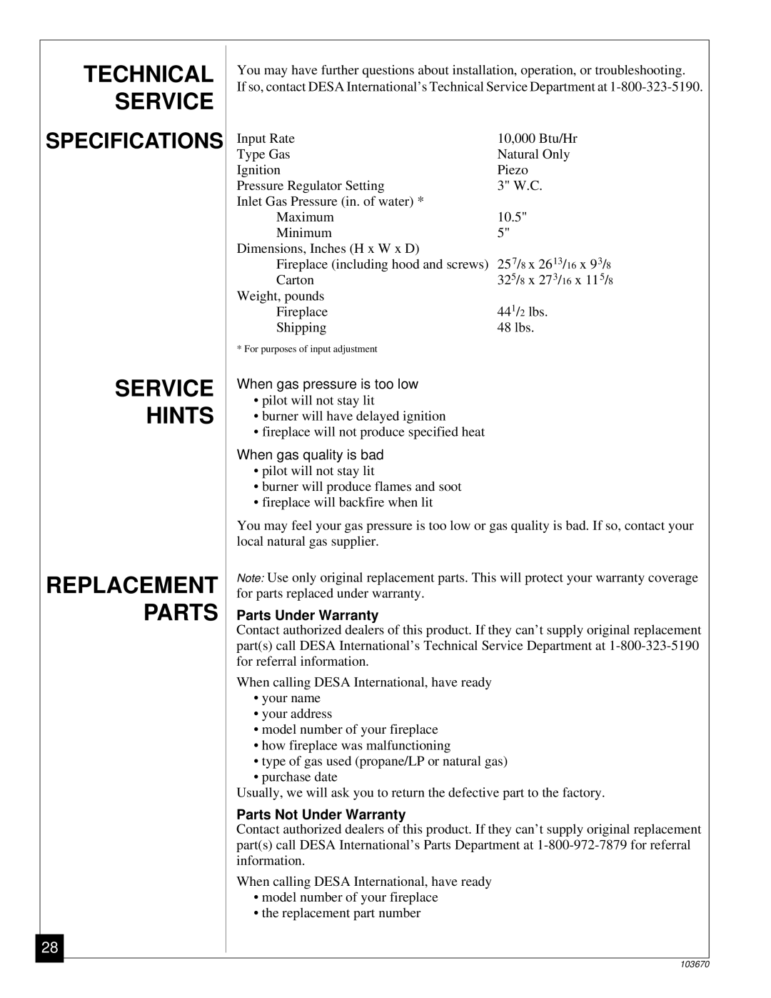 Vanguard Heating VMH10TN installation manual Technical, Service, Hints, Replacement, Parts 