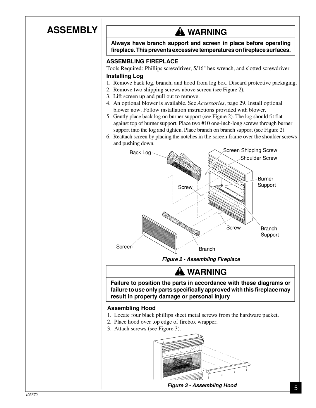 Vanguard Heating VMH10TN installation manual Assembly, Assembling Fireplace, Installing Log 