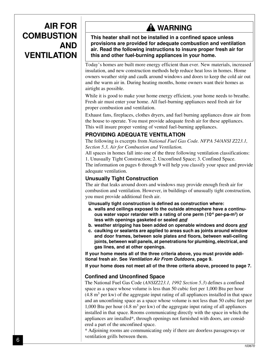 Vanguard Heating VMH10TN installation manual AIR for Combustion, Providing Adequate Ventilation 