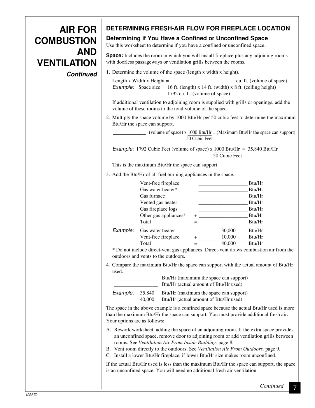 Vanguard Heating VMH10TN installation manual AIR for, Determining FRESH-AIR Flow for Fireplace Location 