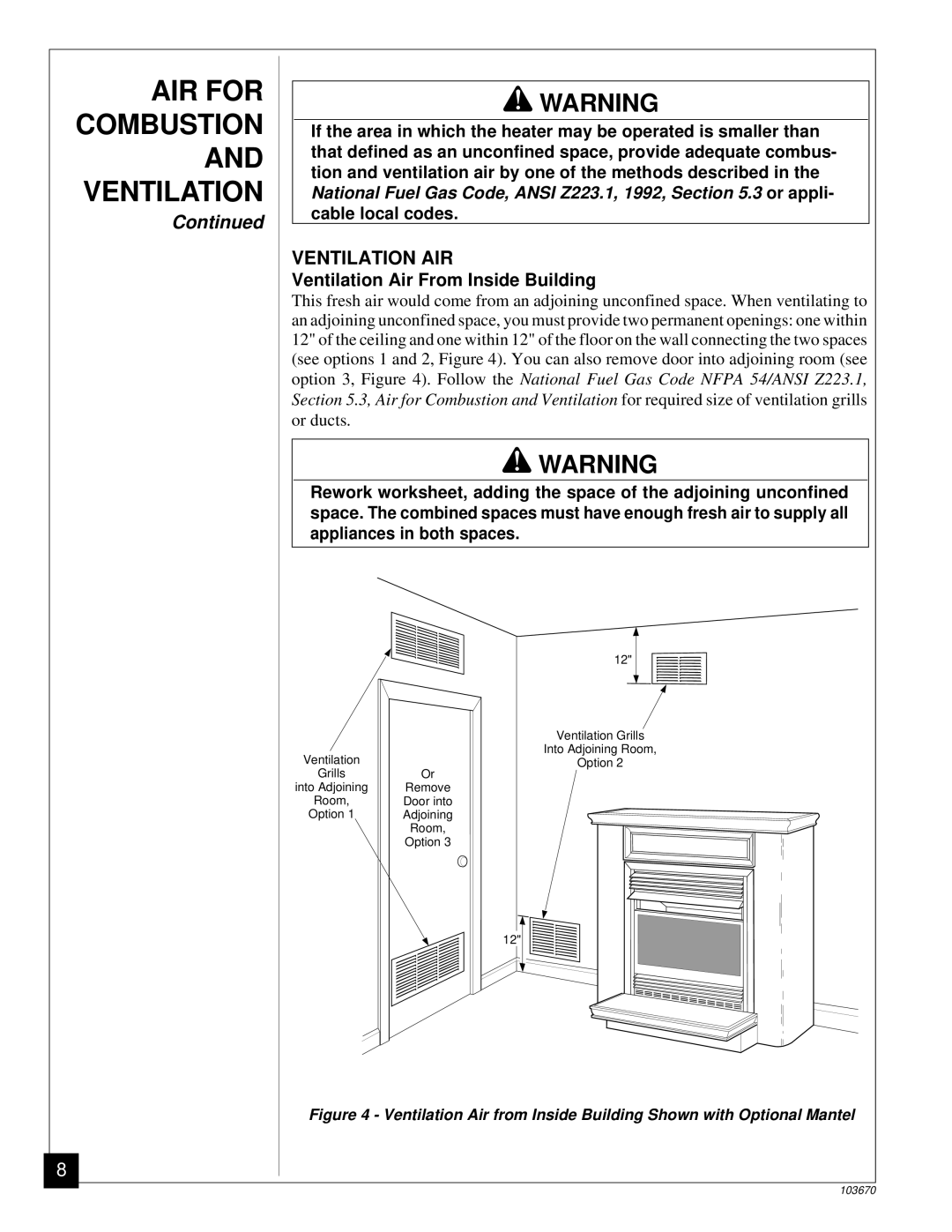 Vanguard Heating VMH10TN Ventilation AIR, Tion and ventilation air by one of the methods described, Cable local codes 