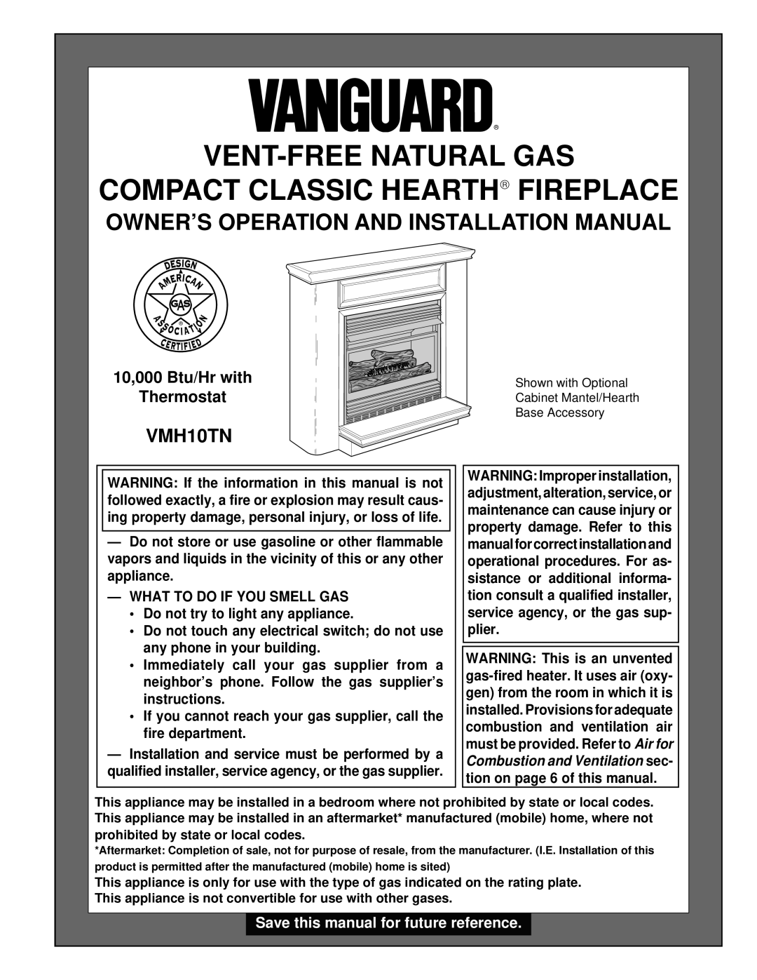 Vanguard Heating VMH10TN installation manual Owner’S Operation And Installation Manual, Vent-Freenatural Gas 