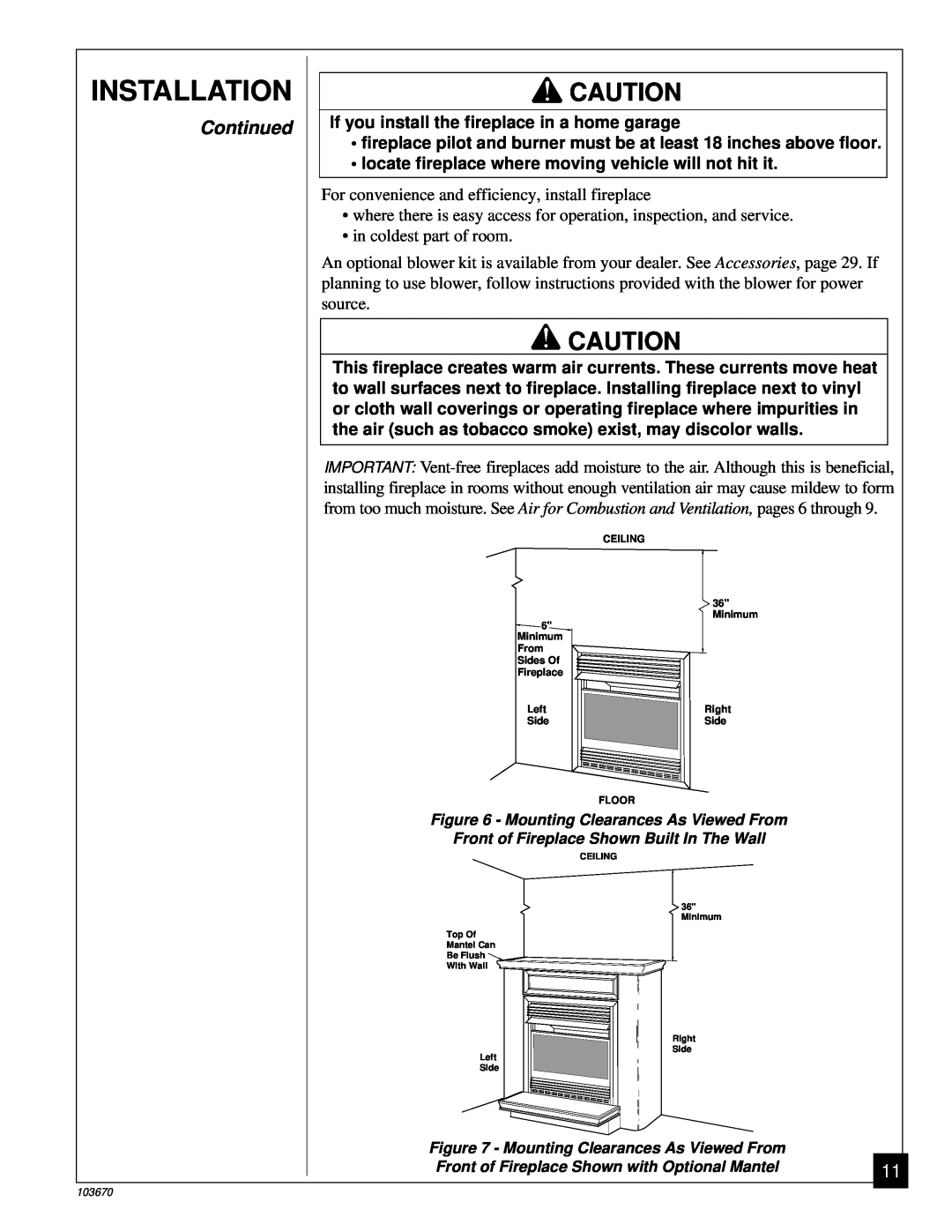 Vanguard Heating VMH10TN installation manual Installation, If you install the fireplace in a home garage, Continued 