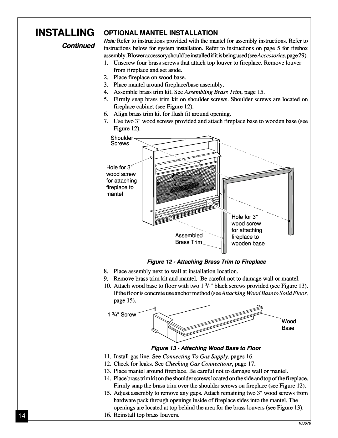 Vanguard Heating VMH10TN installation manual Optional Mantel Installation, Installing, Continued 