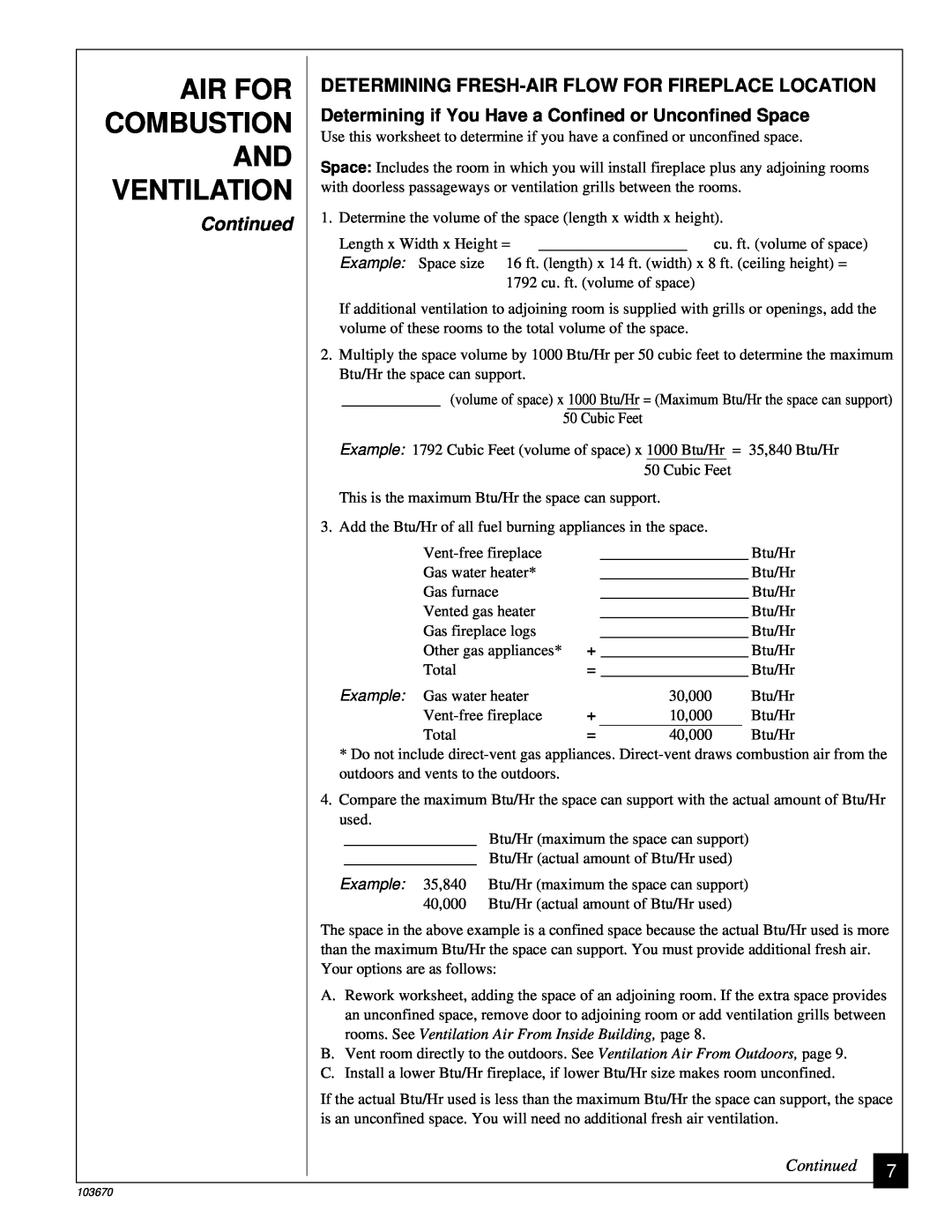 Vanguard Heating VMH10TN Combustion, Determining Fresh-Airflow For Fireplace Location, Continued, Air For, Ventilation 