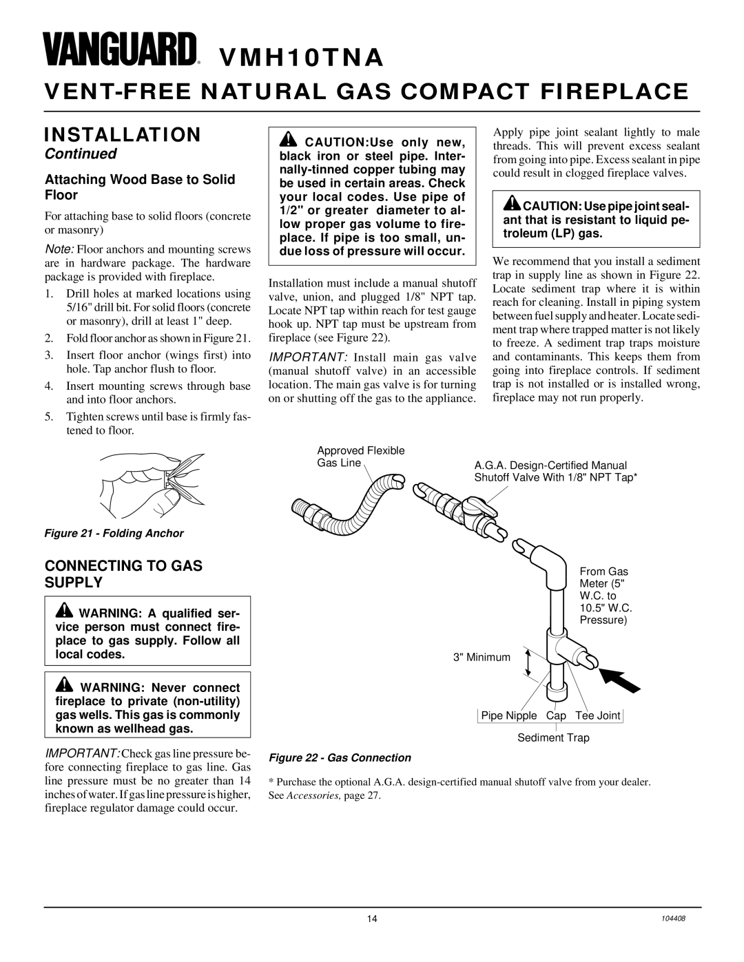 Vanguard Heating VMH10TNA installation manual Connecting to GAS Supply, Attaching Wood Base to Solid Floor 