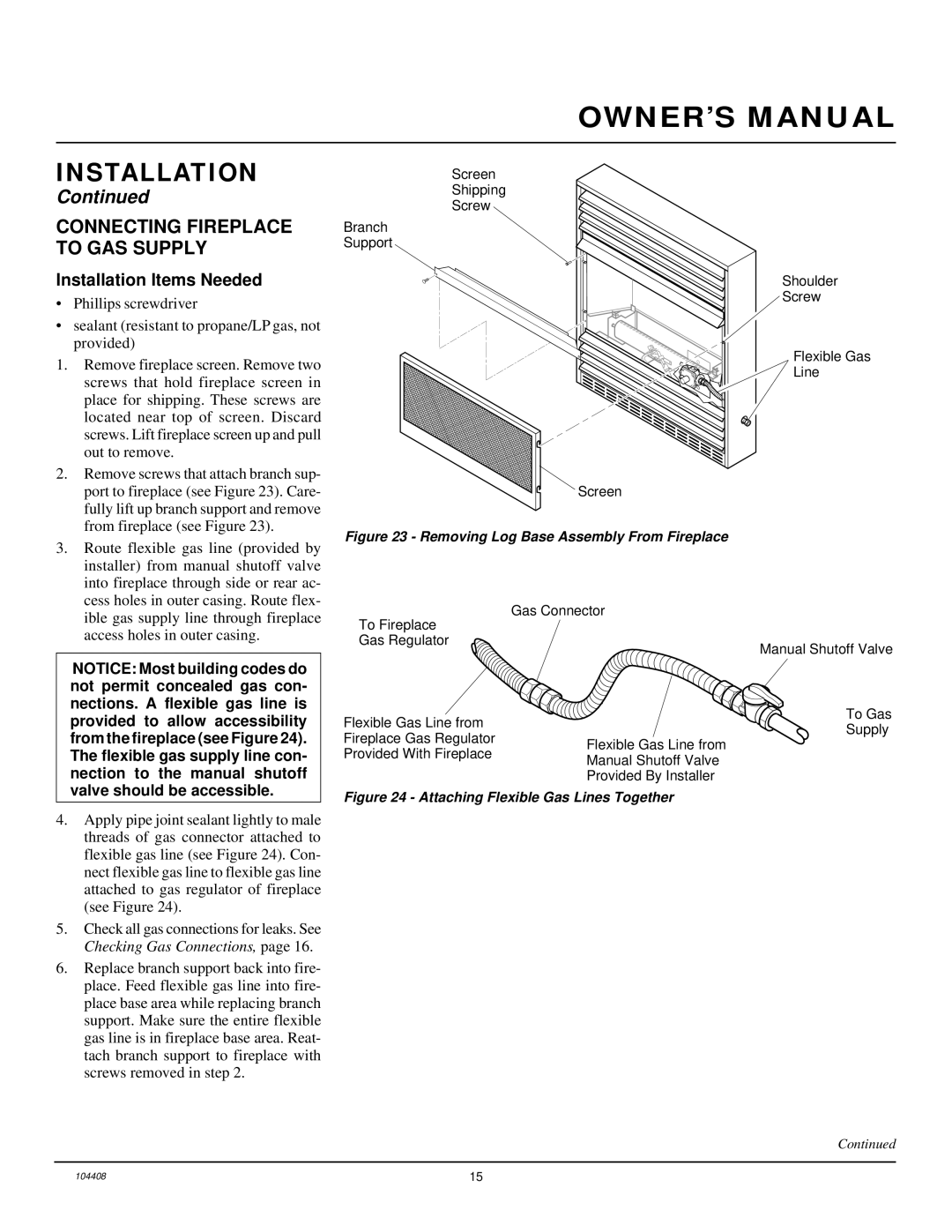 Vanguard Heating VMH10TNA installation manual Connecting Fireplace to GAS Supply, Installation Items Needed 