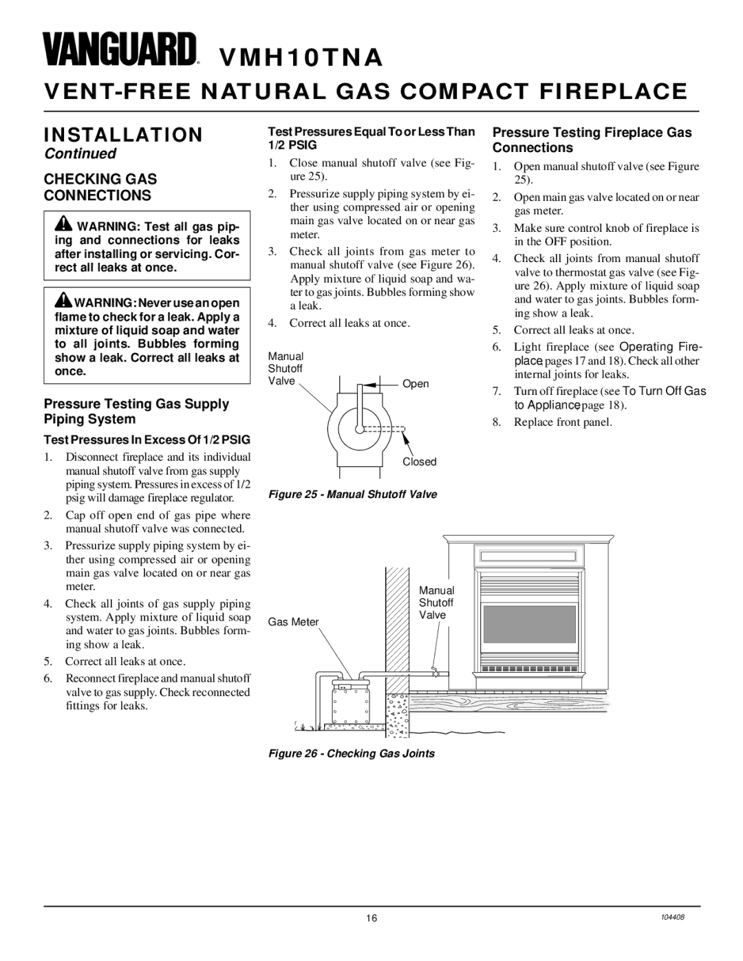 Vanguard Heating VMH10TNA installation manual Checking GAS Connections, Pressure Testing Gas Supply Piping System 