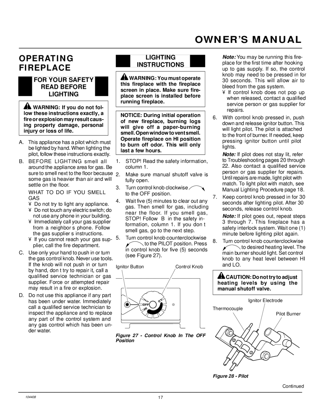 Vanguard Heating VMH10TNA Operating Fireplace, For Your Safety Read Before Lighting, Lighting Instructions 