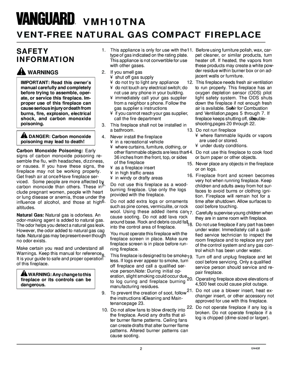 Vanguard Heating VMH10TNA installation manual Safety Information 