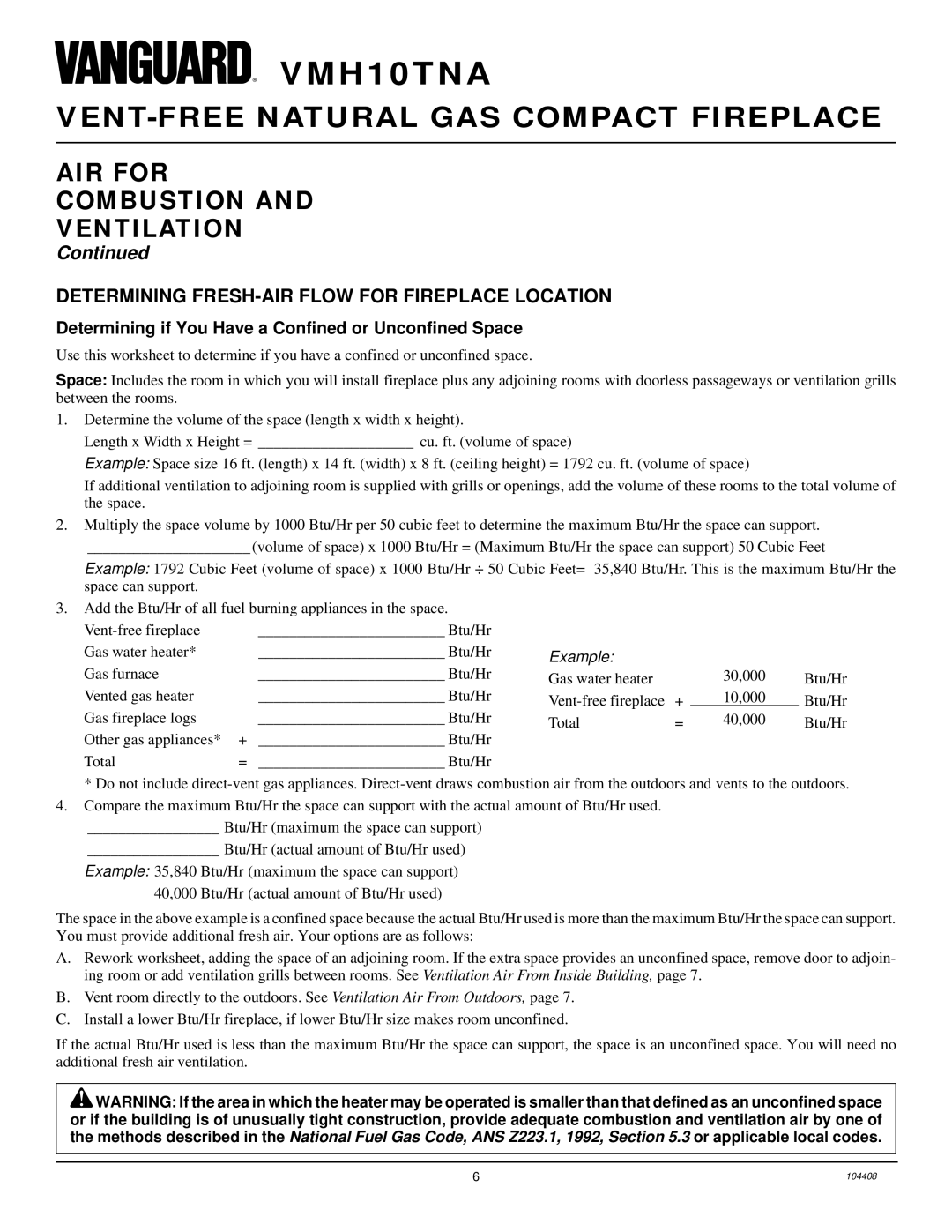Vanguard Heating VMH10TNA AIR for Combustion Ventilation, Determining FRESH-AIR Flow for Fireplace Location 