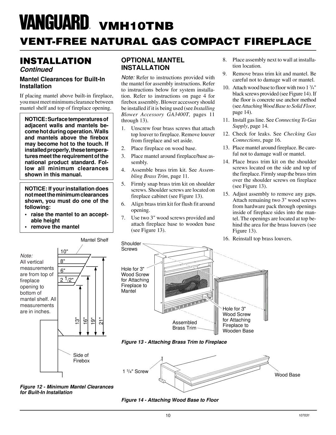 Vanguard Heating VMH10TNB installation manual Optional Mantel Installation, Mantel Clearances for Built-In Installation 