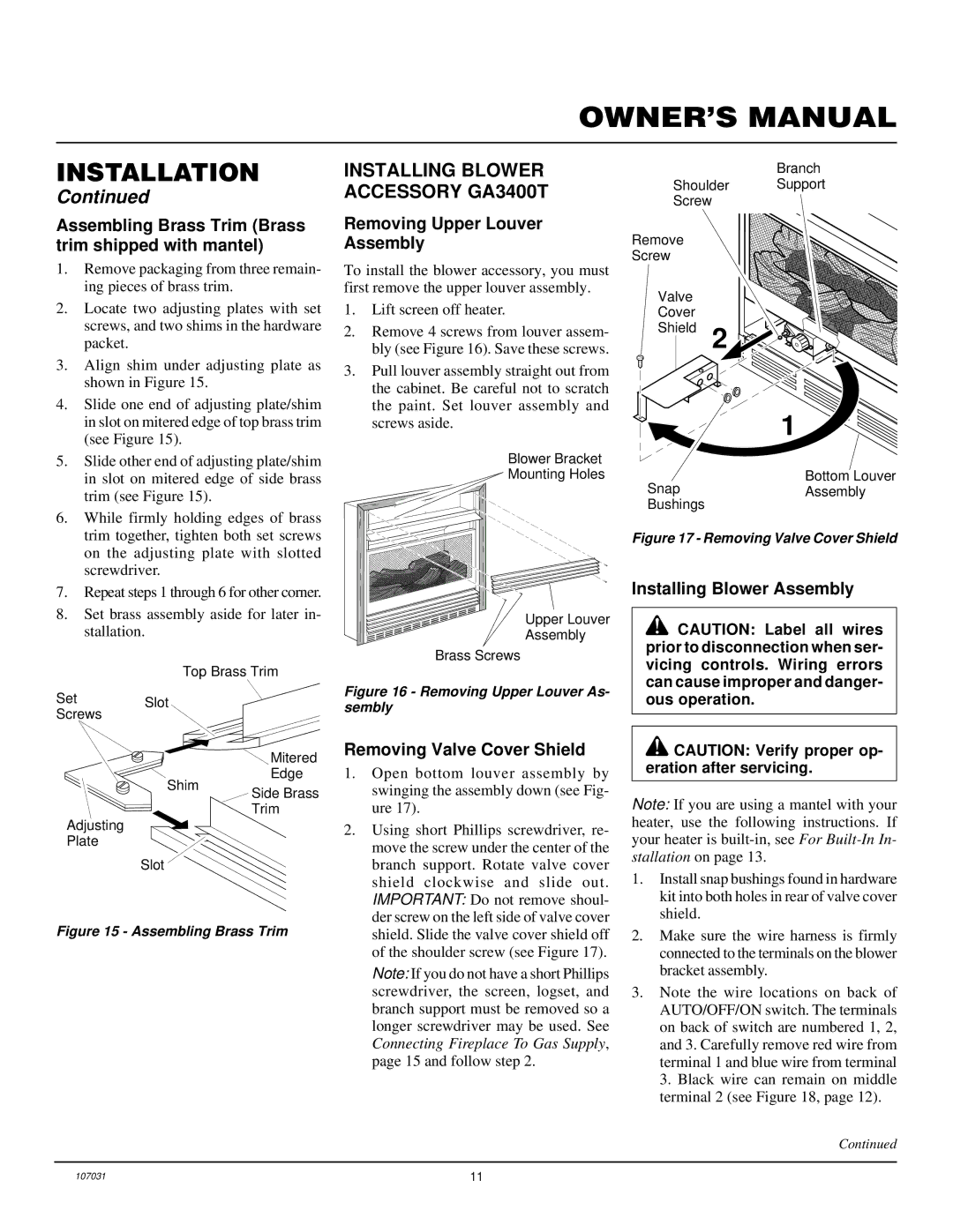 Vanguard Heating VMH10TNB Installing Blower Accessory GA3400T, Assembling Brass Trim Brass trim shipped with mantel 