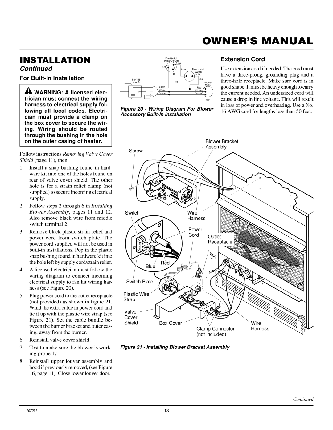 Vanguard Heating VMH10TNB installation manual For Built-In Installation, Extension Cord 