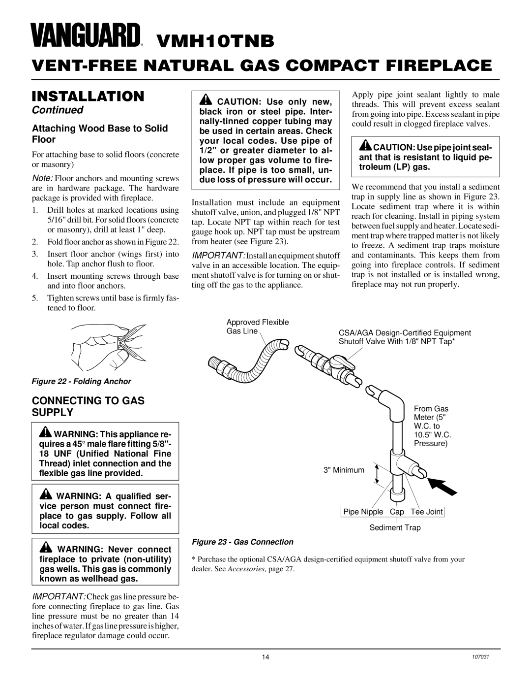 Vanguard Heating VMH10TNB installation manual Connecting to GAS Supply, Attaching Wood Base to Solid Floor 