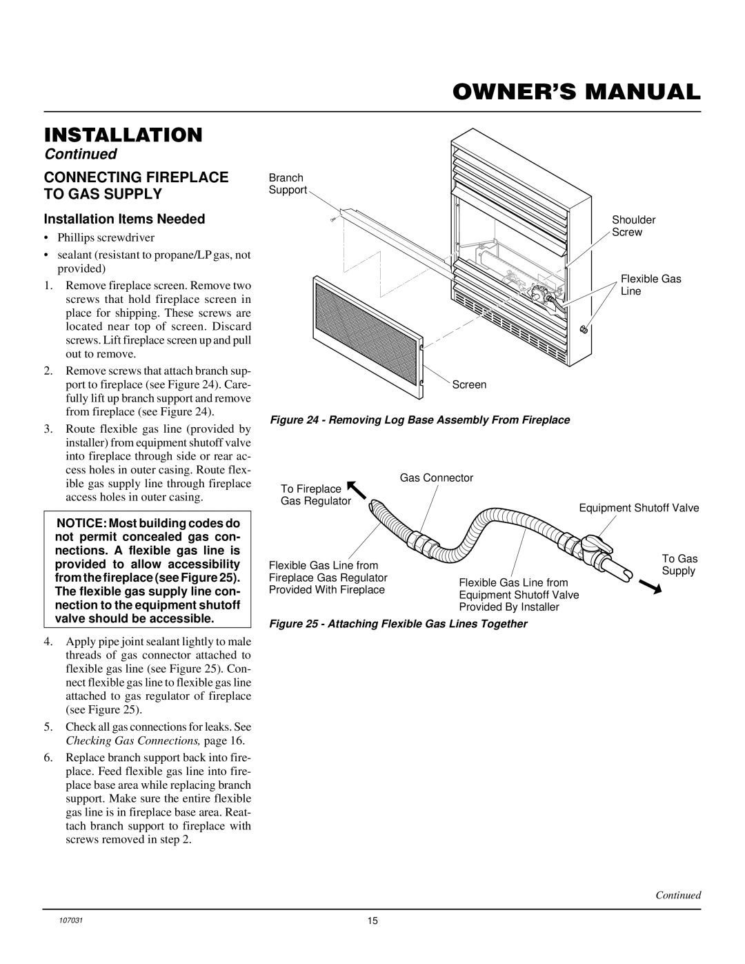 Vanguard Heating VMH10TNB installation manual Connecting Fireplace to GAS Supply, Installation Items Needed 