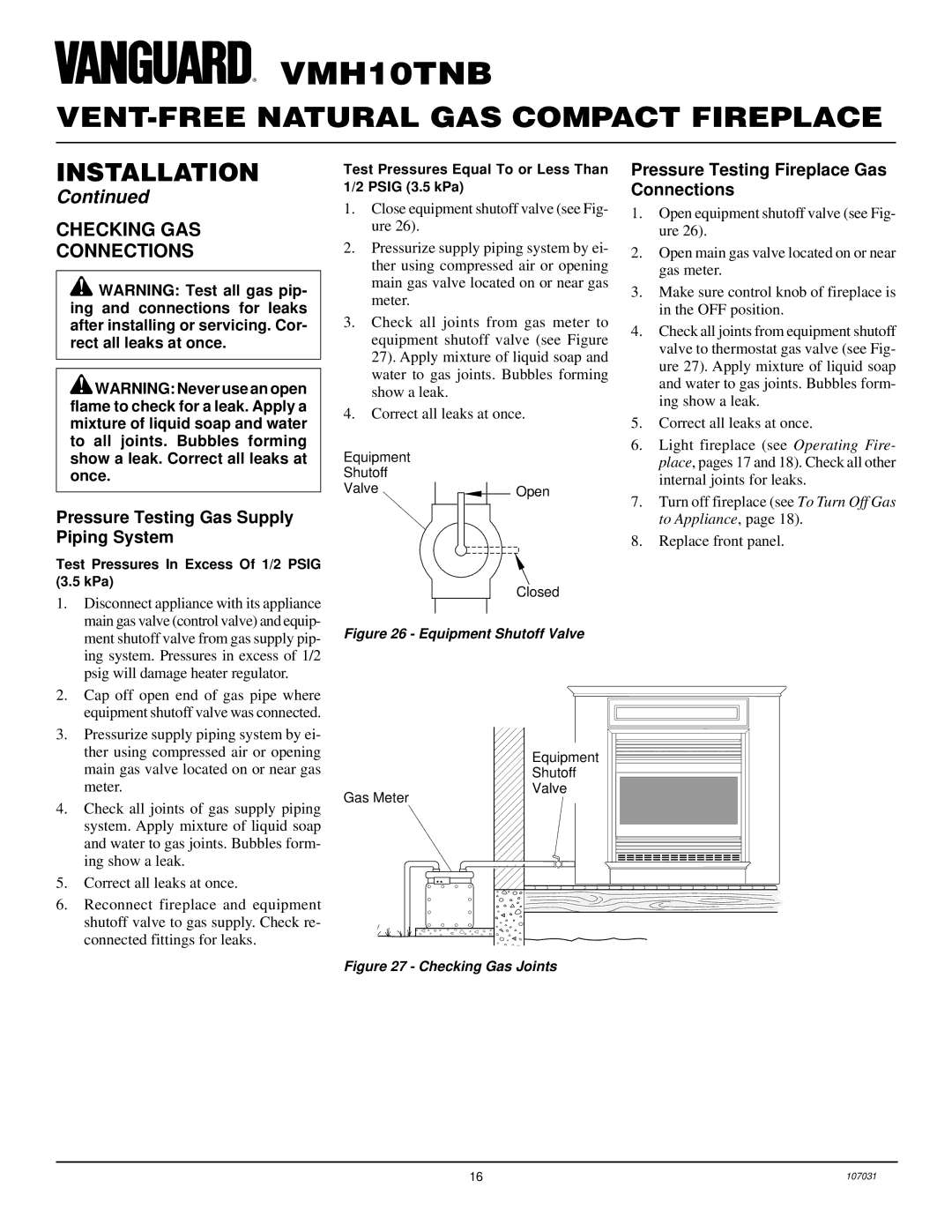 Vanguard Heating VMH10TNB installation manual Checking GAS Connections, Pressure Testing Gas Supply Piping System 