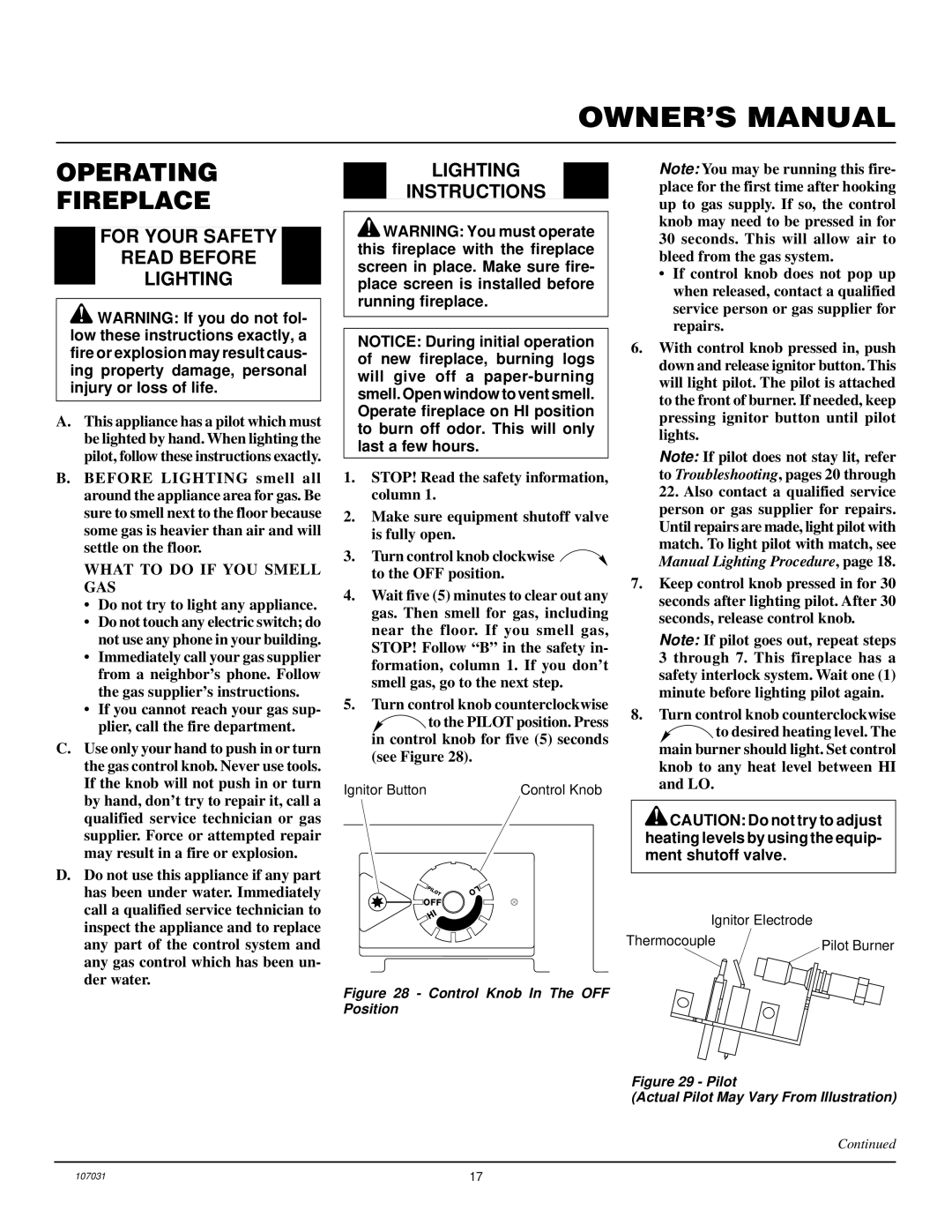 Vanguard Heating VMH10TNB Operating Fireplace, For Your Safety Read Before Lighting, Lighting Instructions 