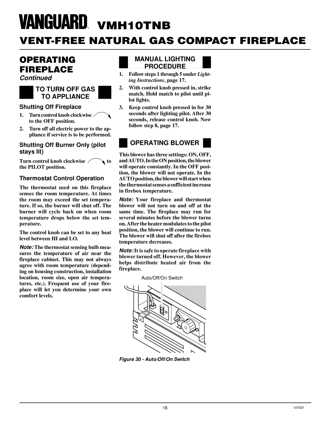 Vanguard Heating VMH10TNB installation manual To Turn OFF GAS To Appliance, Manual Lighting Procedure, Operating Blower 