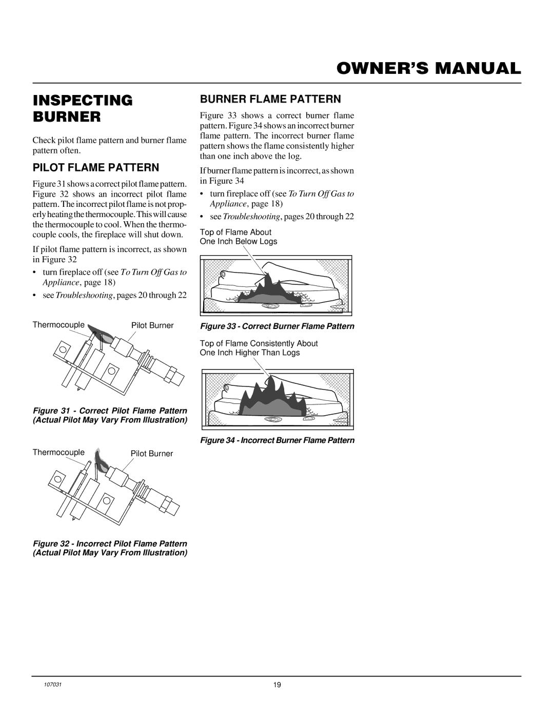 Vanguard Heating VMH10TNB installation manual Inspecting Burner, Pilot Flame Pattern, Burner Flame Pattern 