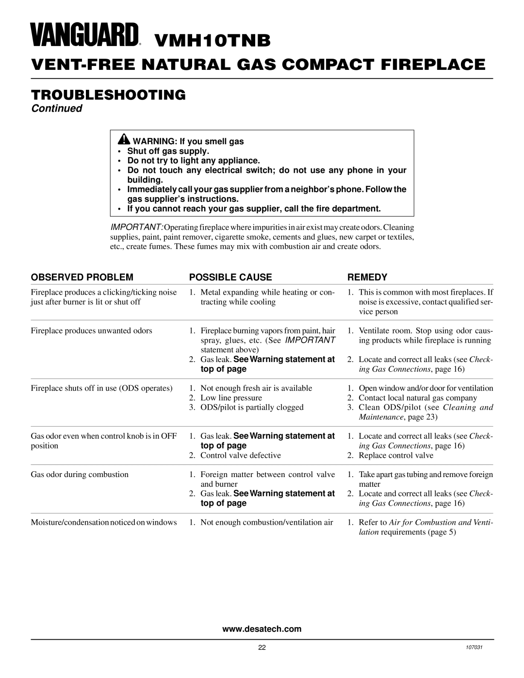 Vanguard Heating VMH10TNB installation manual Gas leak. See Warning statement at 