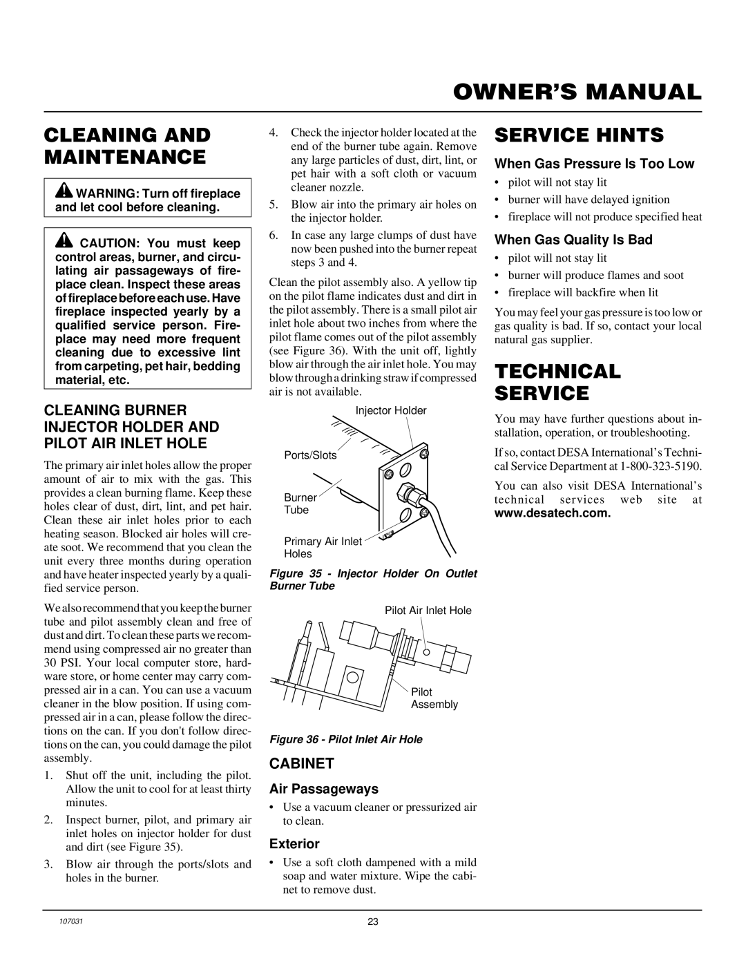 Vanguard Heating VMH10TNB installation manual Cleaning and Maintenance, Service Hints, Technical Service, Cabinet 