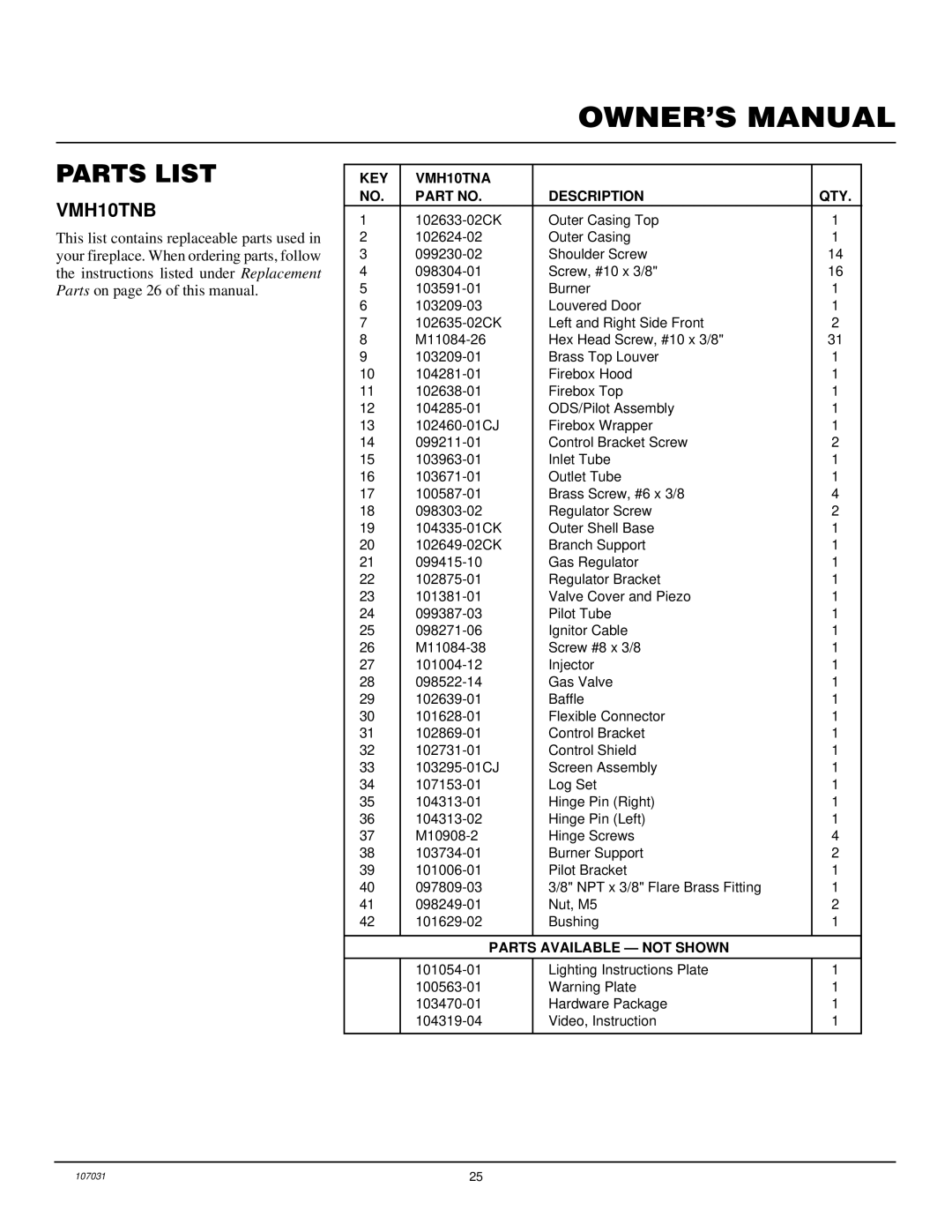 Vanguard Heating VMH10TNB installation manual Parts List 