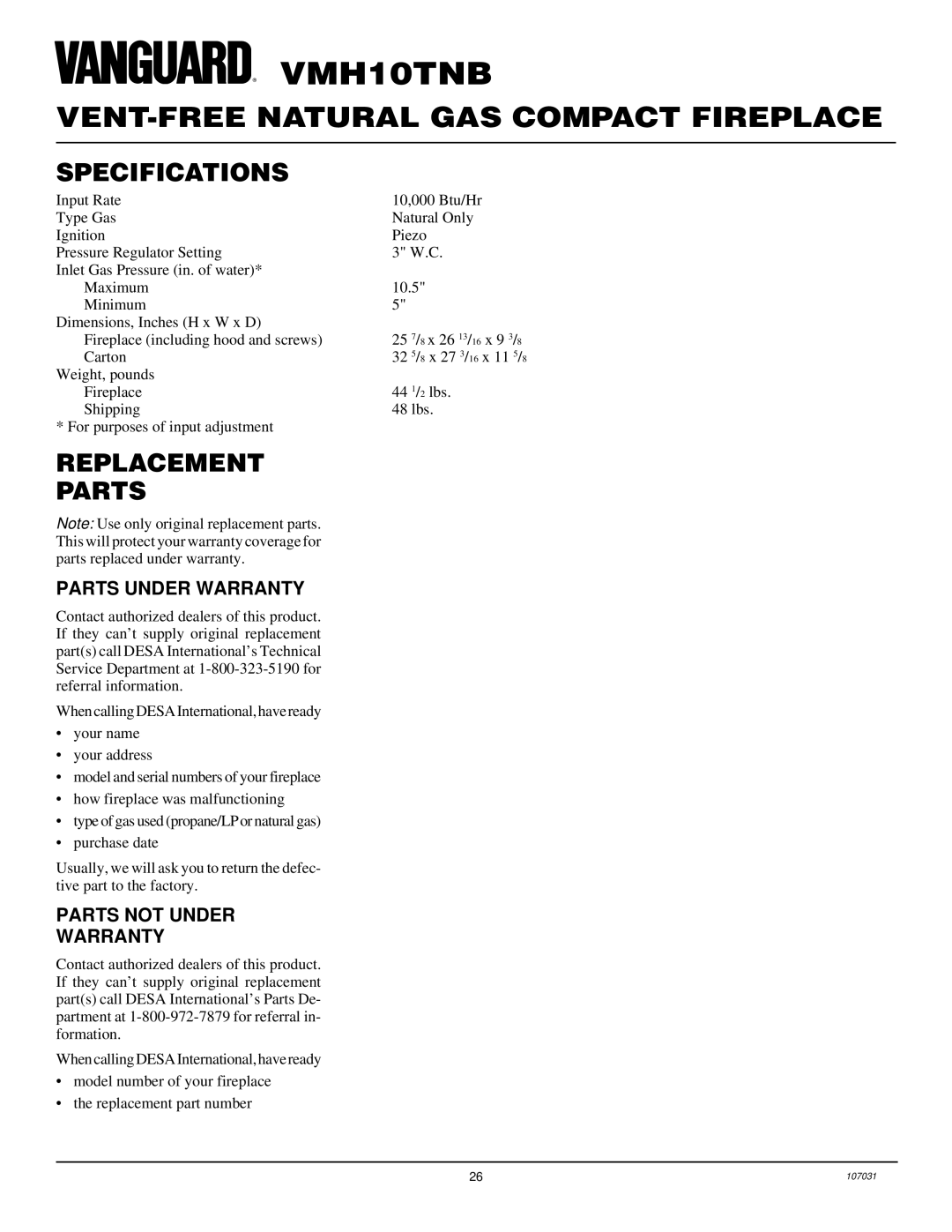 Vanguard Heating VMH10TNB Specifications, Replacement Parts, Parts Under Warranty, Parts not Under Warranty 