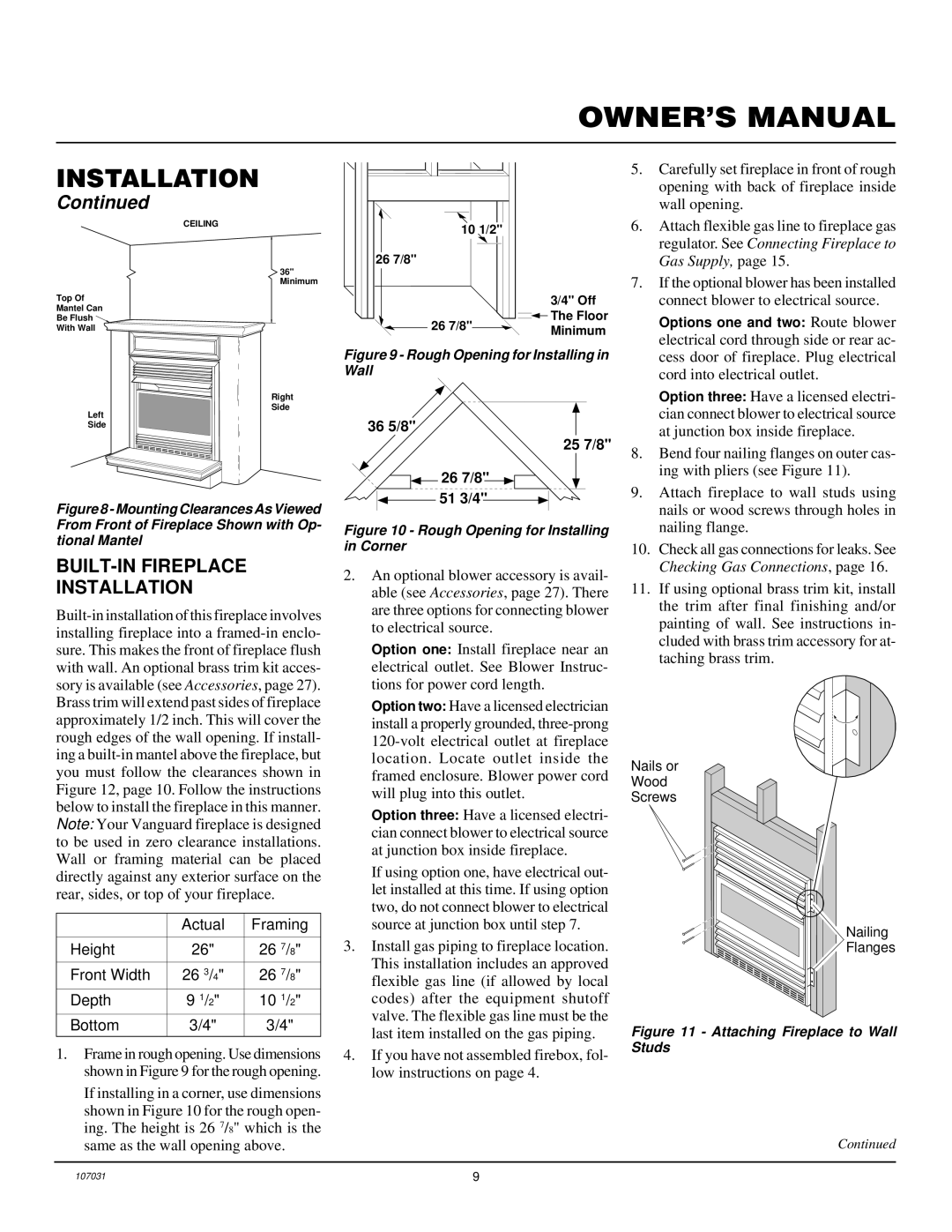 Vanguard Heating VMH10TNB installation manual BUILT-IN Fireplace Installation, Wall opening 