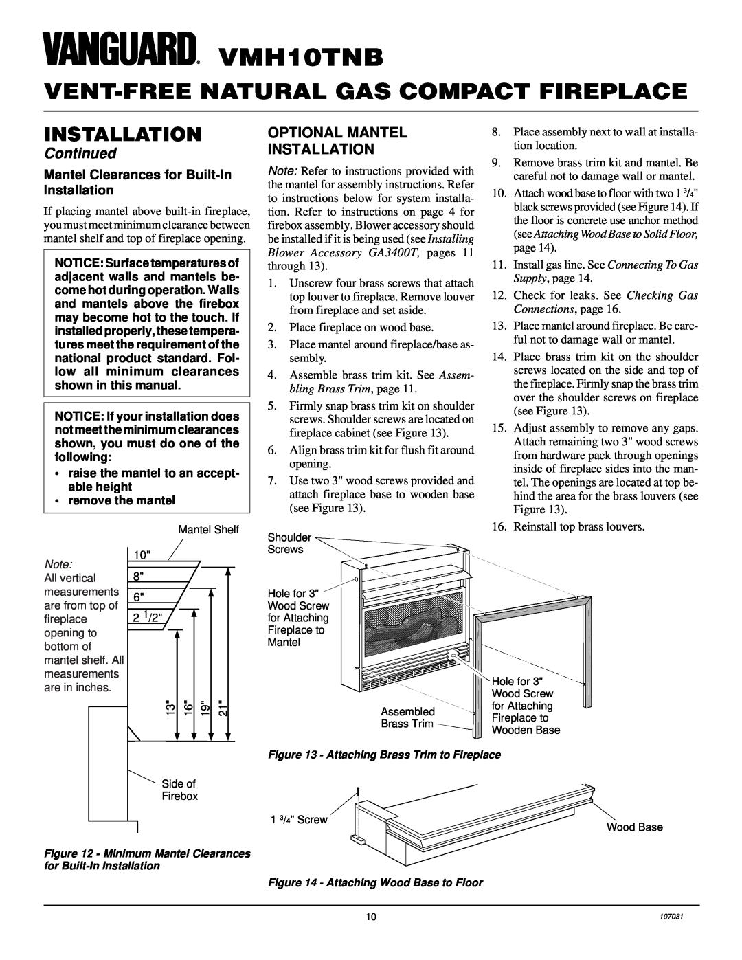 Vanguard Heating VMH10TNB installation manual Vent-Freenatural Gas Compact Fireplace, Installation, Continued 