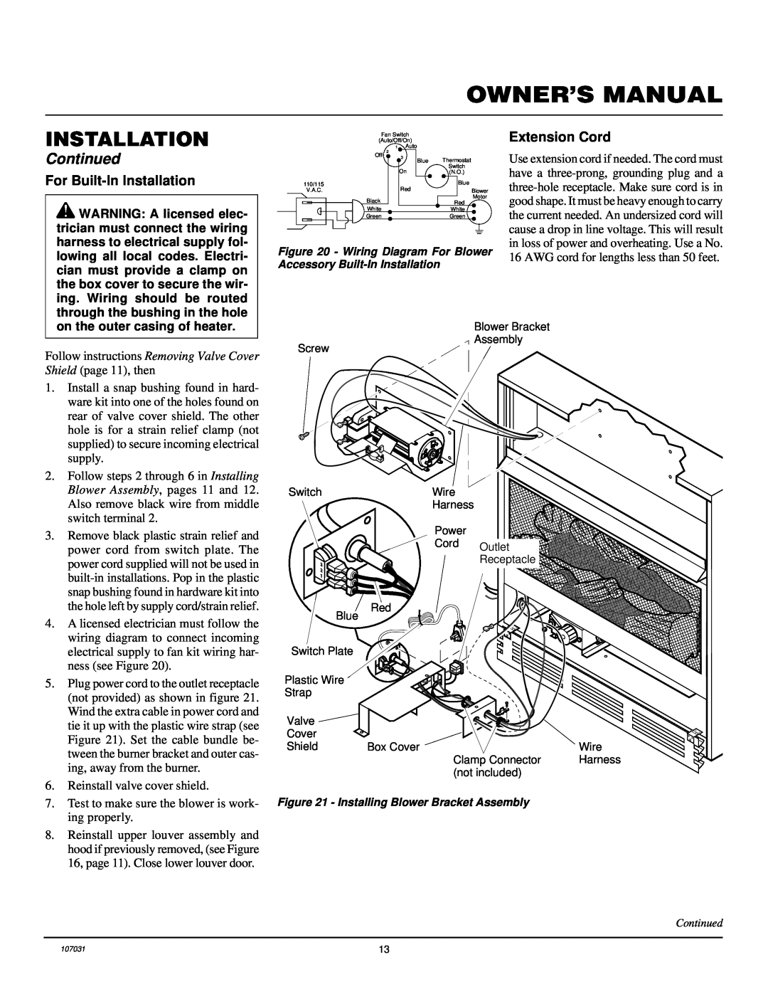 Vanguard Heating VMH10TNB installation manual Continued, For Built-InInstallation, Extension Cord 