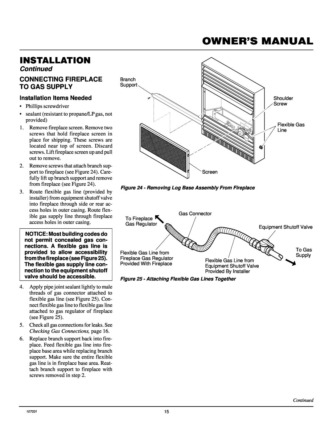 Vanguard Heating VMH10TNB installation manual Continued, Connecting Fireplace To Gas Supply, Installation Items Needed 