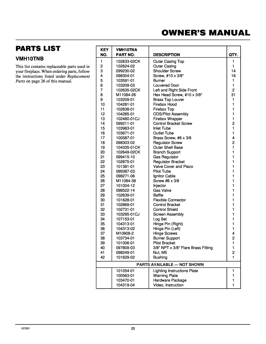 Vanguard Heating VMH10TNB installation manual Parts List, VMH10TNA, Description, Parts Available - Not Shown 