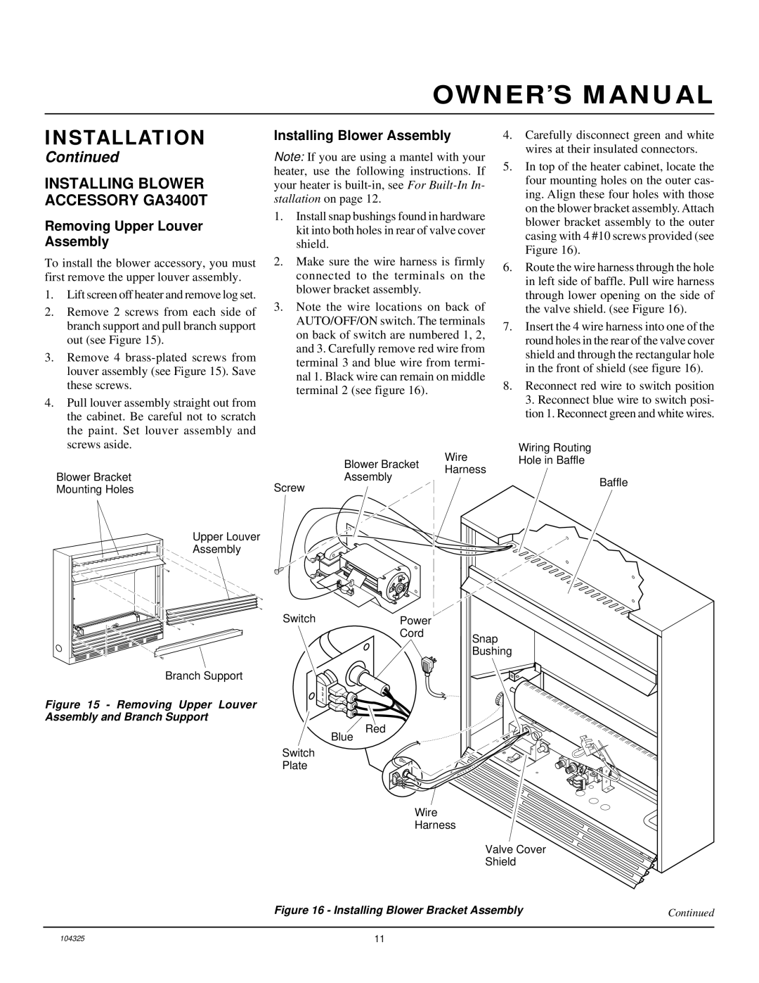 Vanguard Heating VMH26NR Installing Blower Accessory GA3400T, Removing Upper Louver Assembly, Installing Blower Assembly 