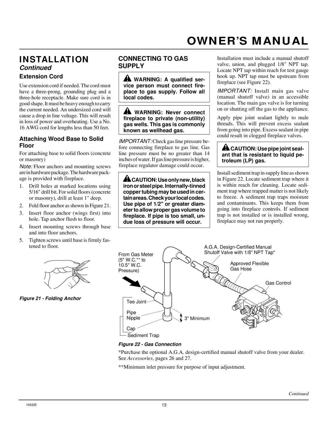 Vanguard Heating VMH26NR installation manual Connecting to GAS Supply, Extension Cord, Attaching Wood Base to Solid Floor 