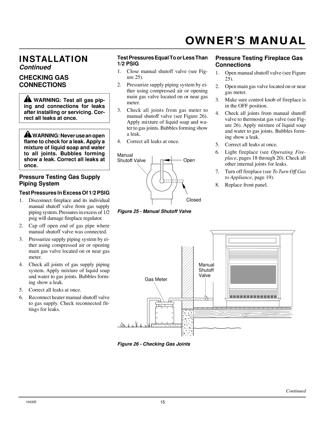 Vanguard Heating VMH26NR installation manual Checking GAS Connections, Pressure Testing Gas Supply Piping System 